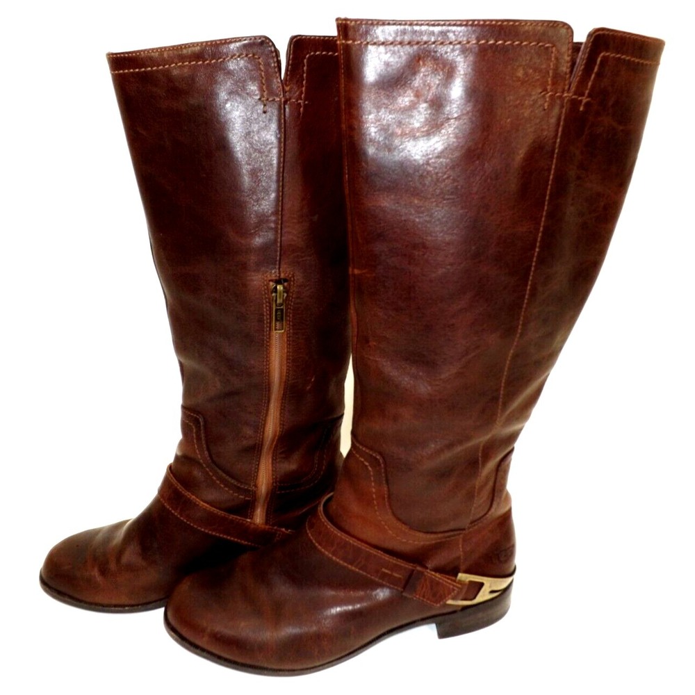 UGG Womens Size 7 M Brown‎ Leather Sheep Skin Zip Buckle Knee High Fashion Boots